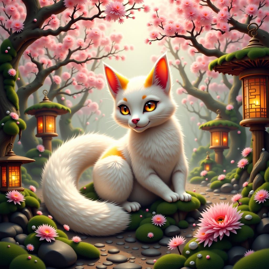 Nine-Tailed Kitsune in Japanese Garden, Surrealist Style