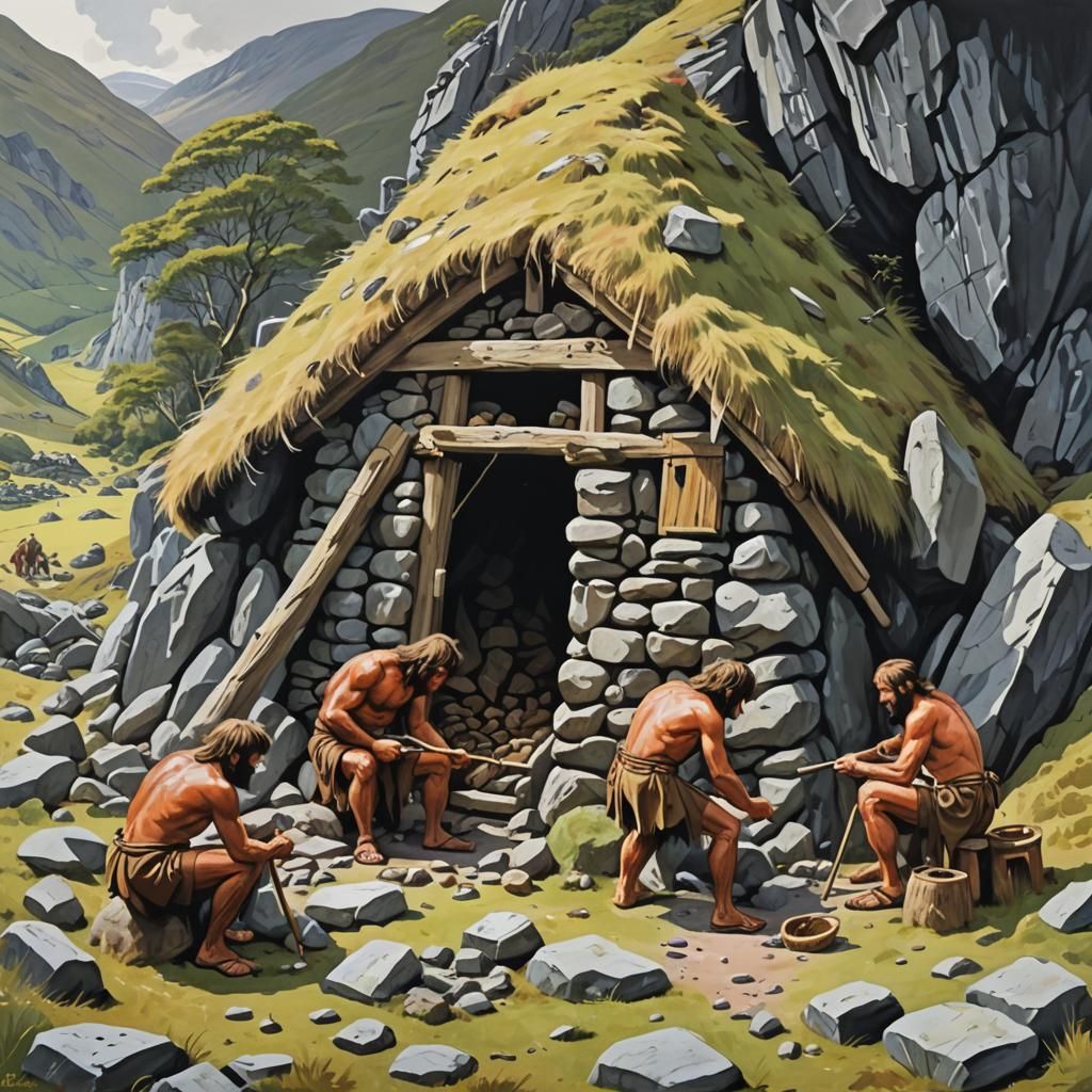 Cavemen Build Stone Hut in Scotland: Gouache Painting