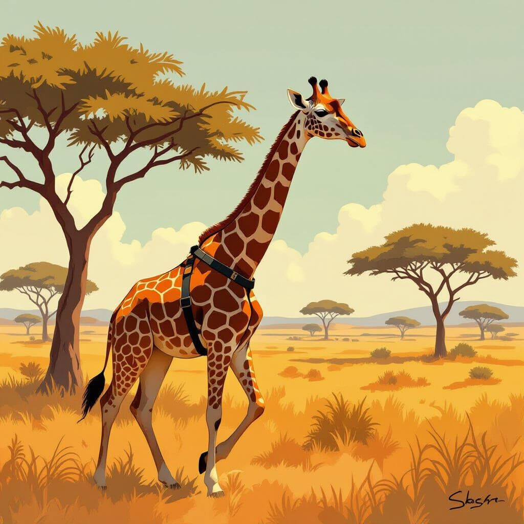 Giraffe in Harness on Sunny Savanna
