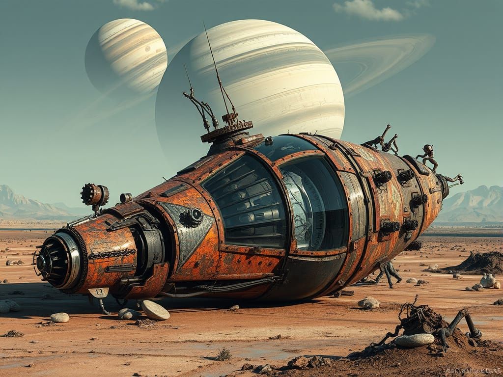 Cybertechpunk Spaceship in Dystopian Landscape