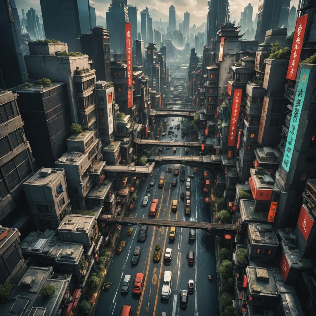 Futuristic Oriental City Art in Deep Color