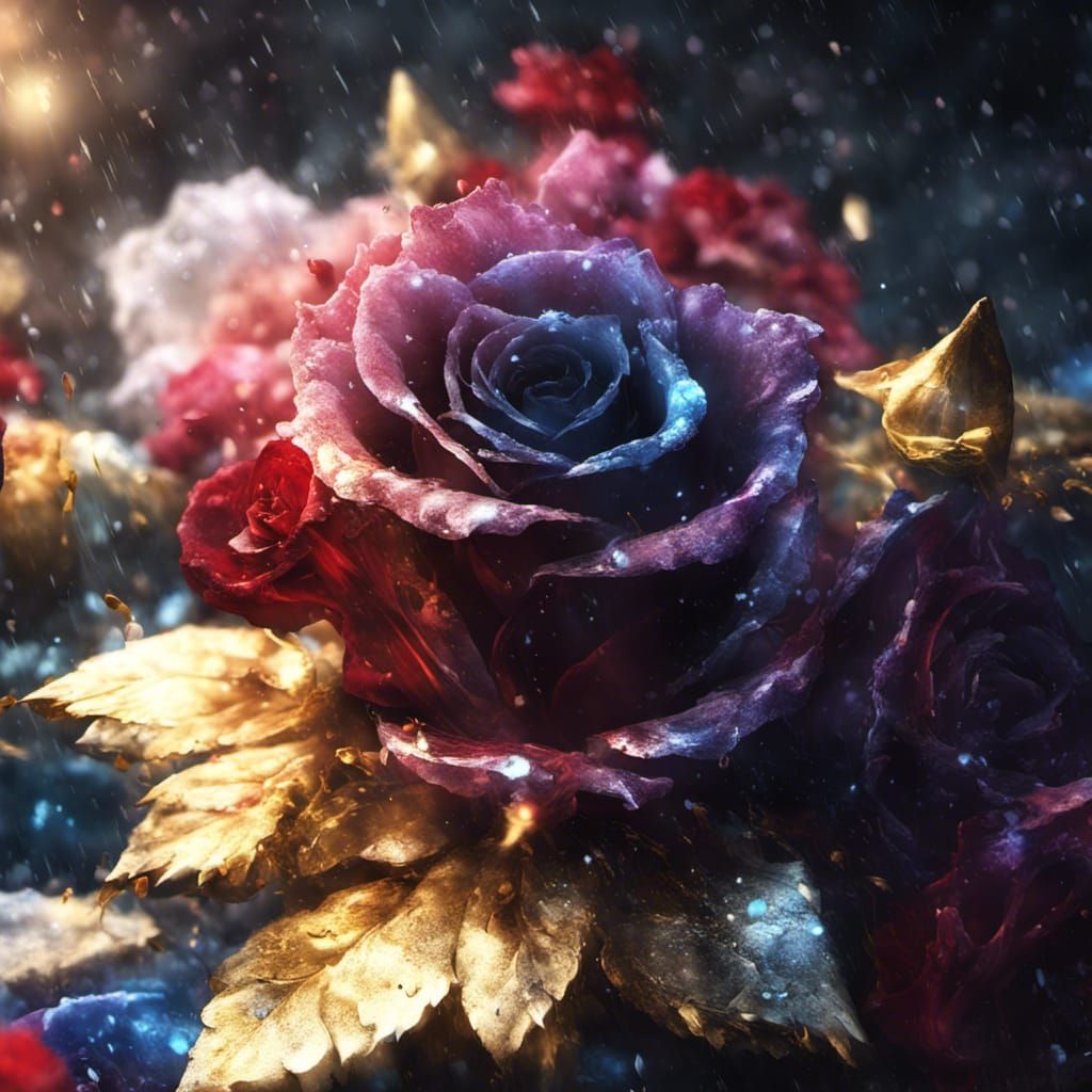 Cosmic Crystal Dissolving with Roses, Dark Fantasy Art