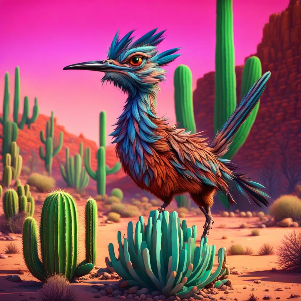 Neon Cartoon Roadrunner in Arizona Desert