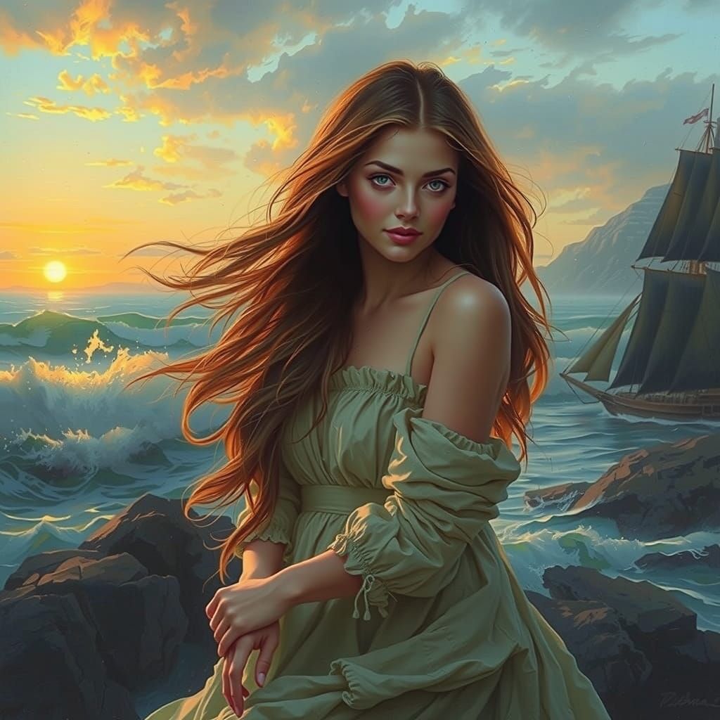 Majestic Tall Ship at Sunset in Tenebrism Style