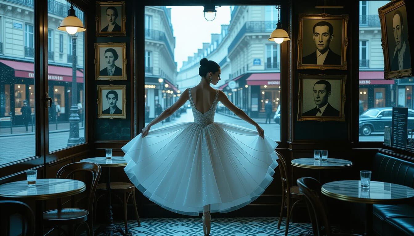 Ballerina in Gossamer Gown in Twilight Paris Cafe