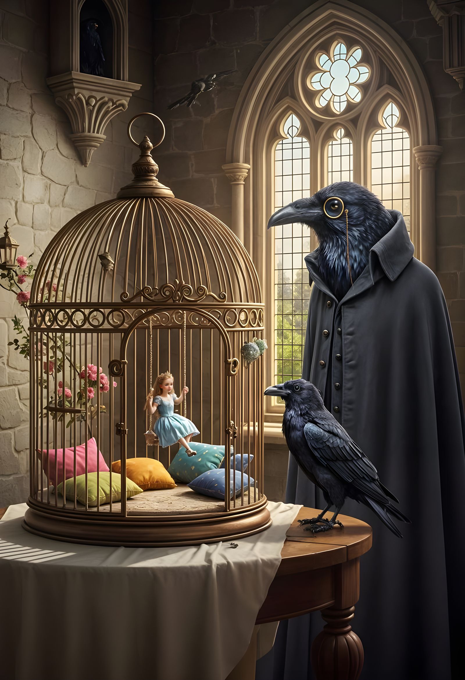 Surreal Digital Painting of a Whimsical Birdcage with Prince...