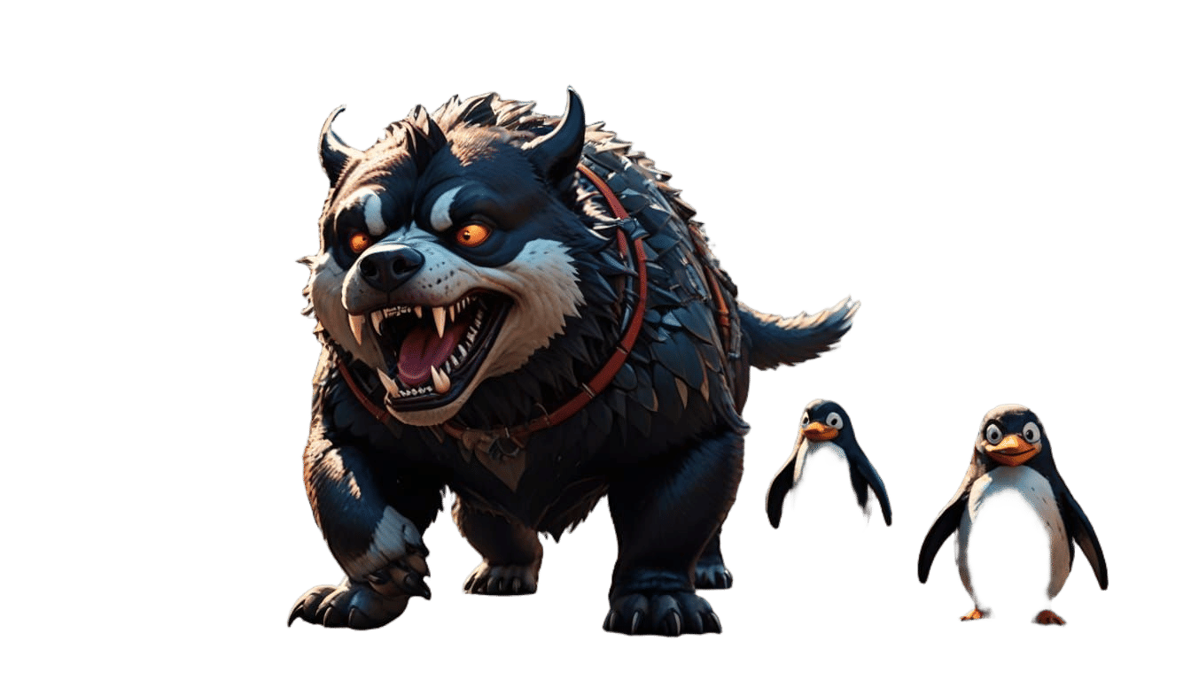 Hyperrealistic 3D Cartoon of a Demon Dog and Giant Penguin i...