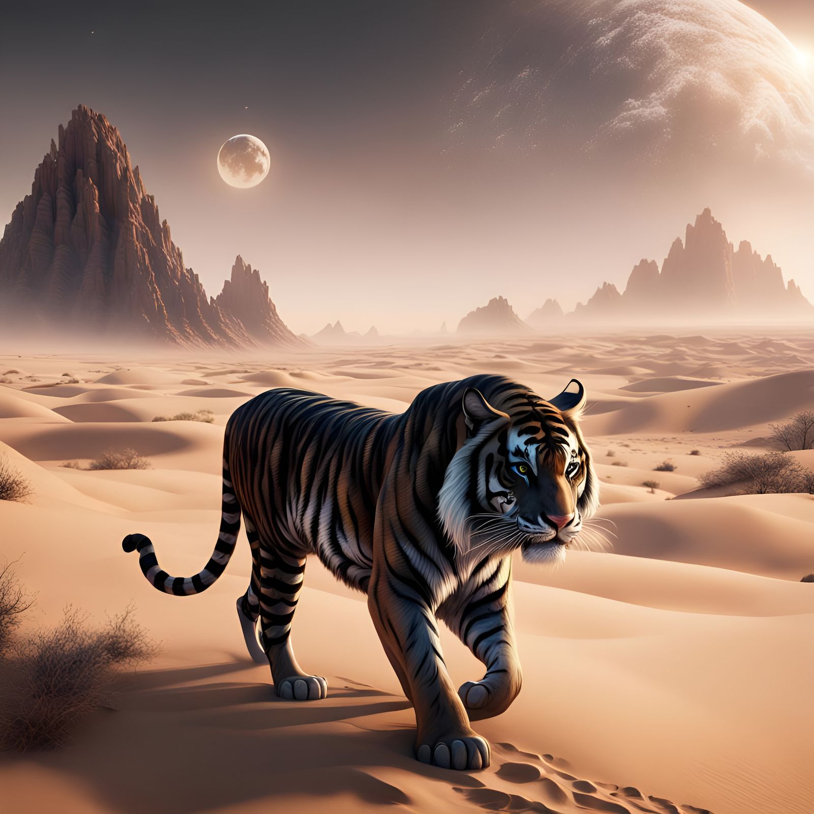 Fantastical Black Tiger Roaming a Desert Planet