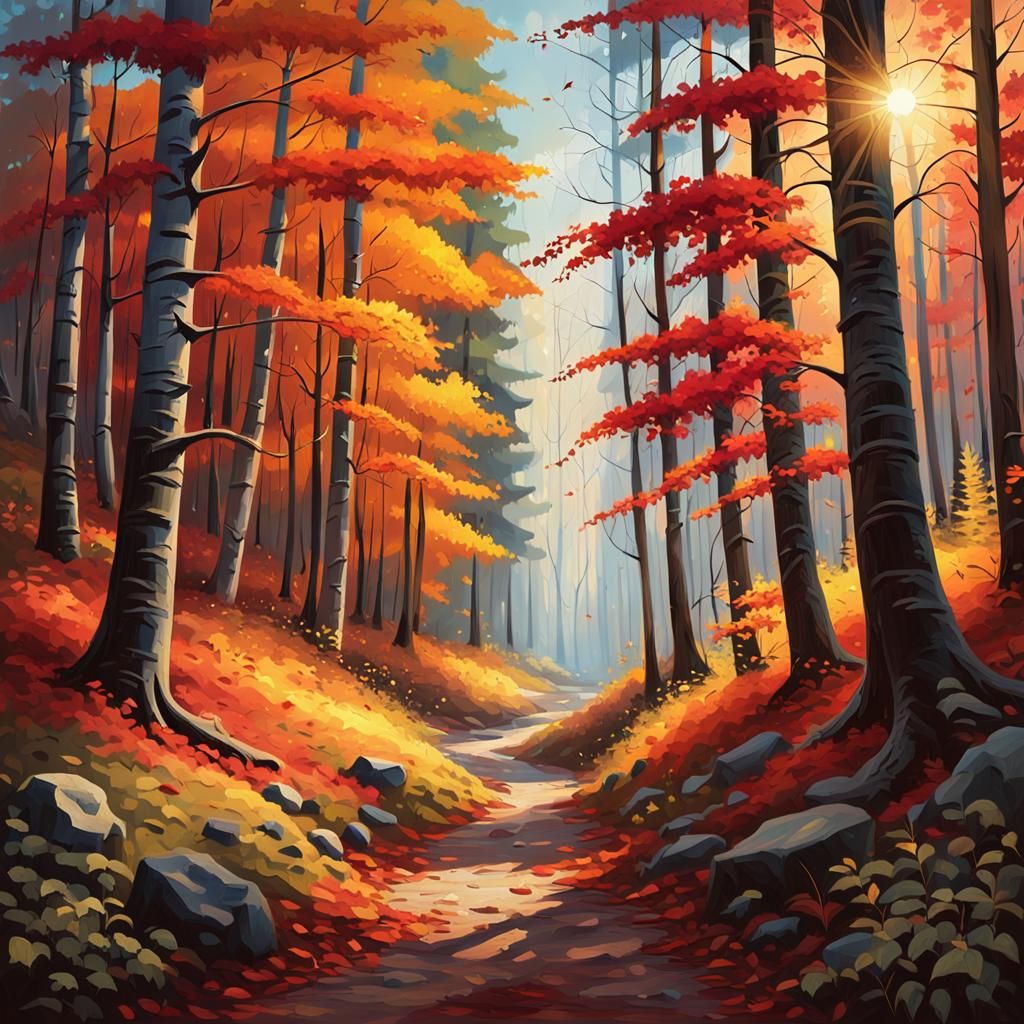 Vibrant Autumn Forest Landscape in Oil Painting Style