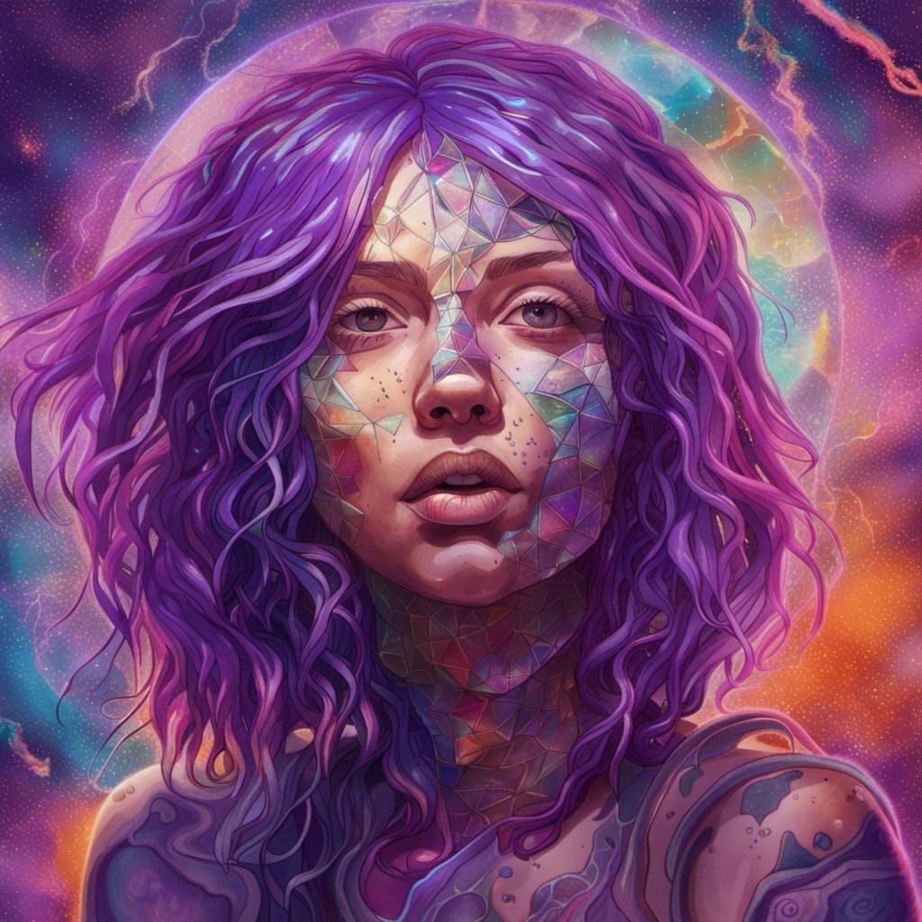 Astral Illustration of a Scarred Figure with Purple Hair