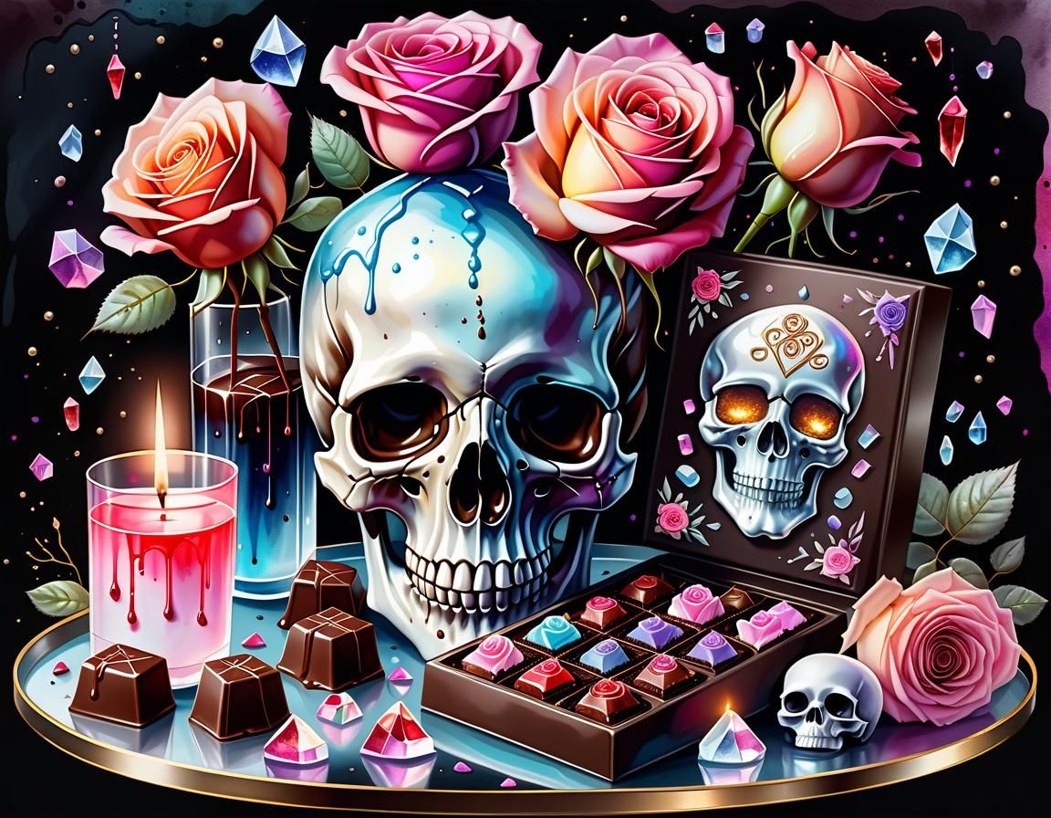 Decadent Chocolates and Roses Watercolour with Skull