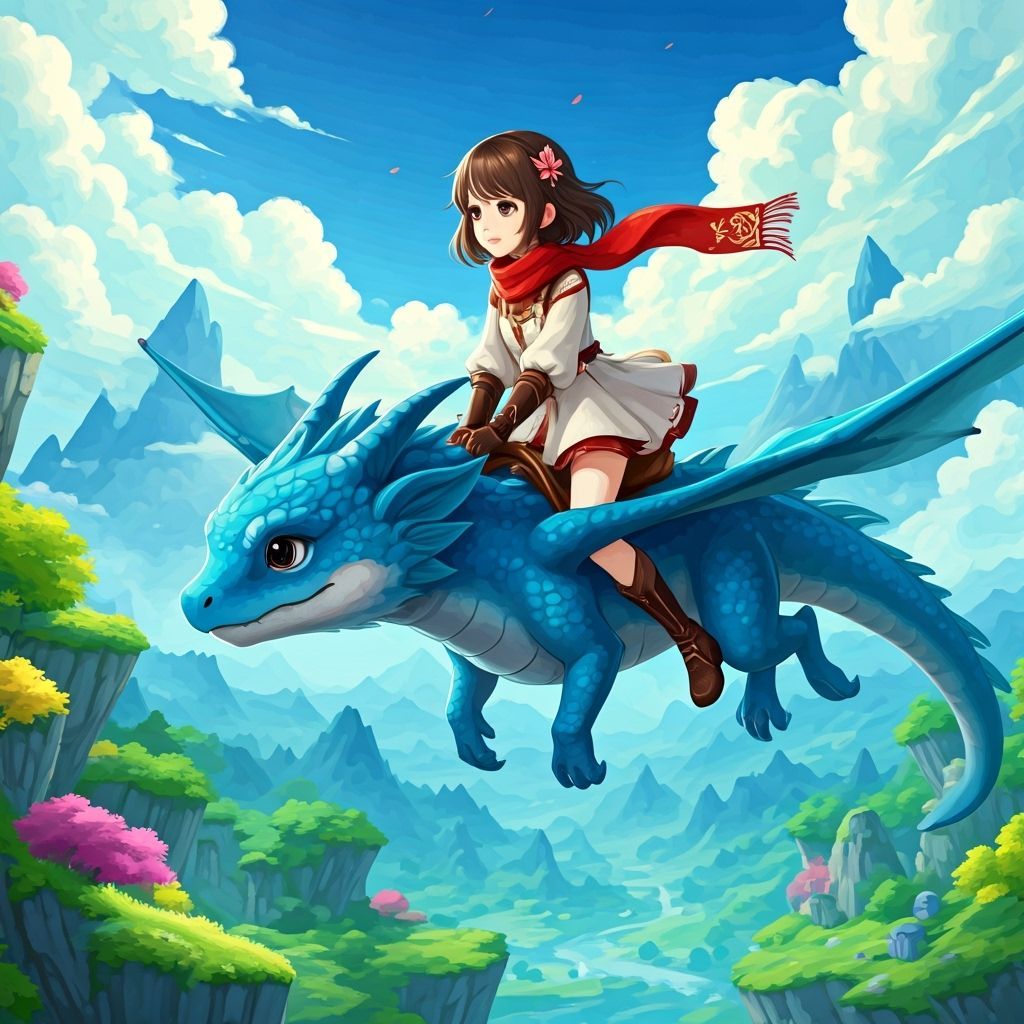 Girl Riding a Blue Dragon in Anime Style Landscape