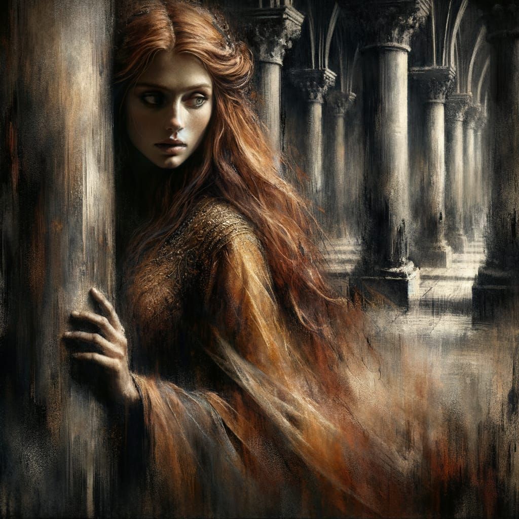 Norse Goddess in Ominous Castle Hall, Watercolor Portrait
