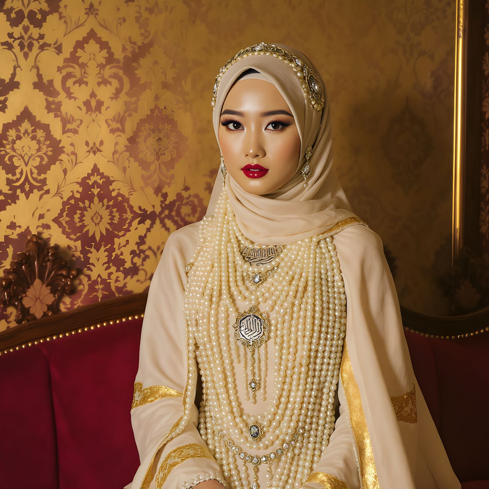 Elegant Hijab with Pearl Adornments and Arabic Earrings