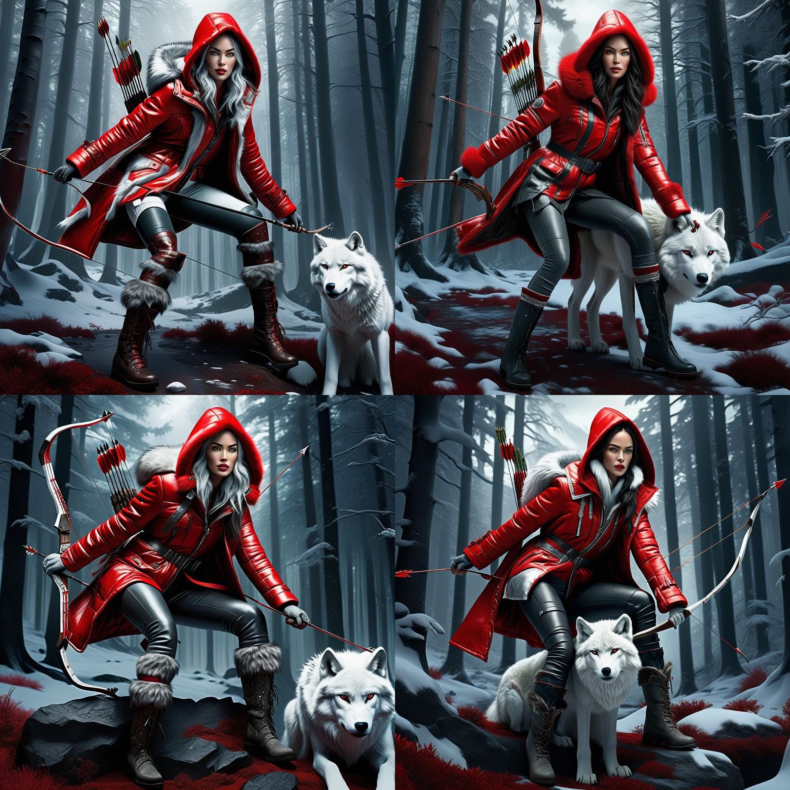 Megan Fox with Wolf in Snowy Forest, Dark Fantasy