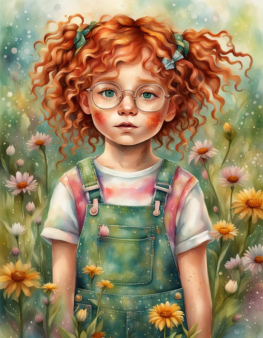 Whimsical Embossed 3D Girl with Wild Red Hair