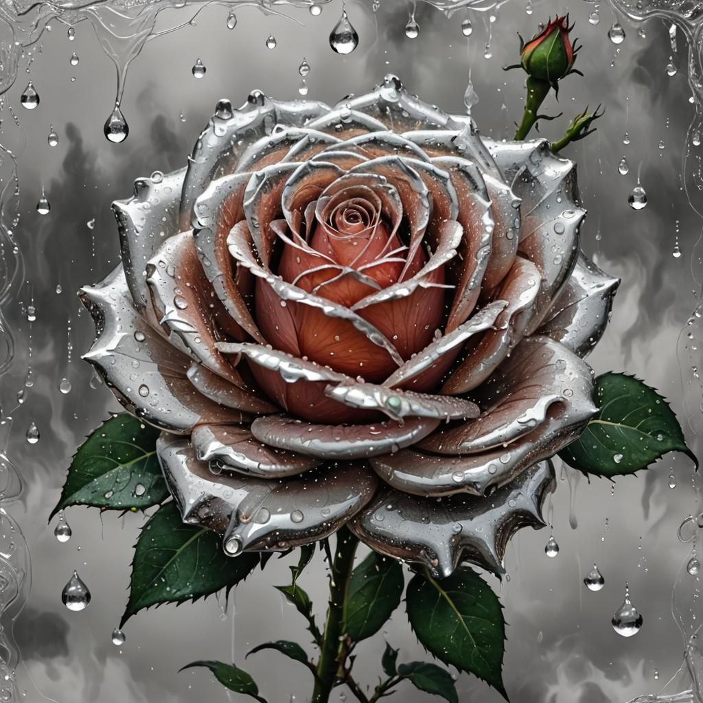 Silver Rose in Fire with Water Droplets
