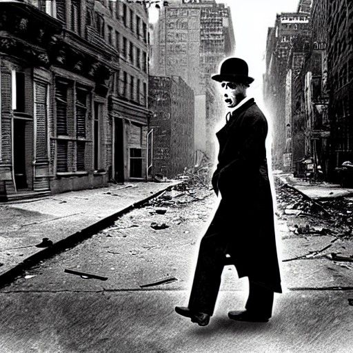 Chaplin's Tramp in Surreal, Retro New York City