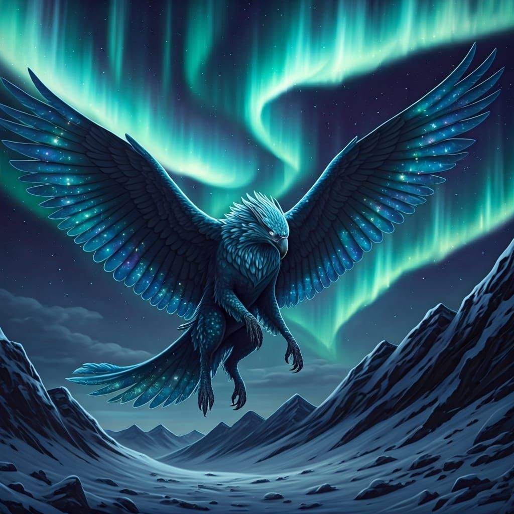 Griffin Soaring Through Aurora, Digital Painting