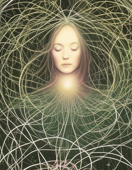 Surreal Woman with Sphere in Fungi Network