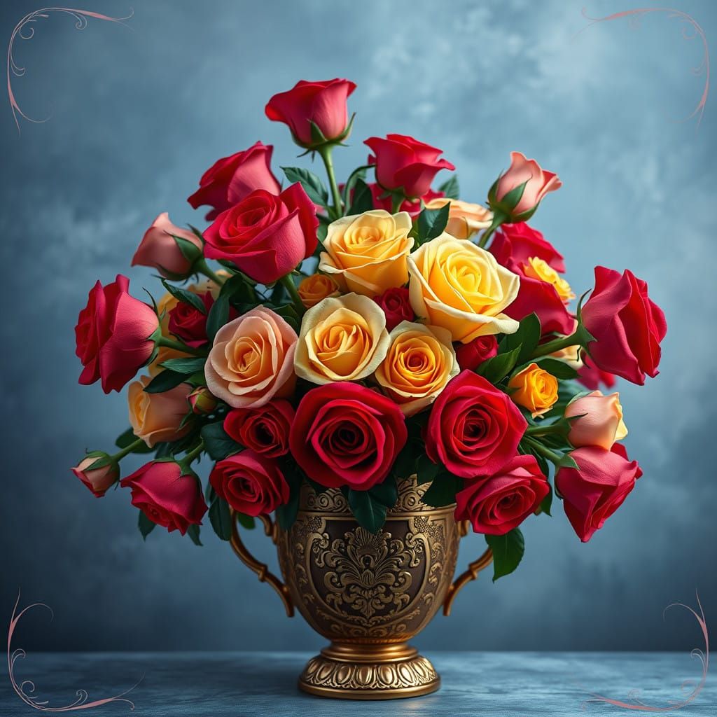 Vibrant Roses in Gilded Vase with Ethereal Blue-Gray Backgro...