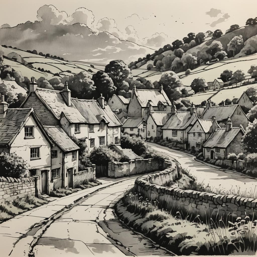Ink Sketch of a Picturesque English Village