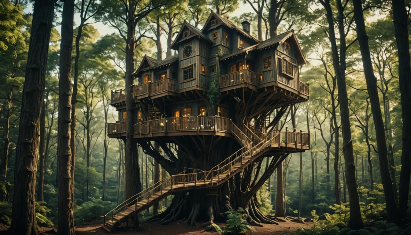 Elaborate Treehouse in Forest: Cinematic Film Still