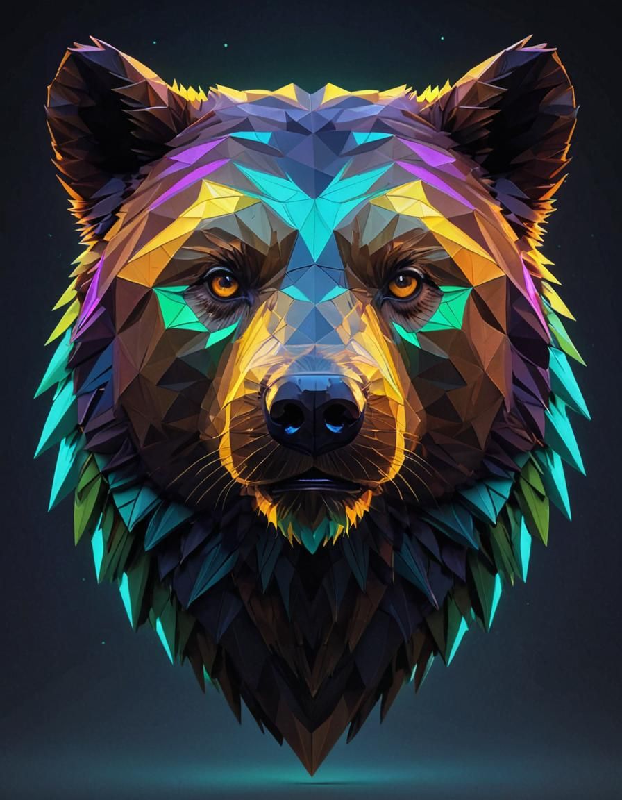Neon Low Poly Bear Head Digital Artwork