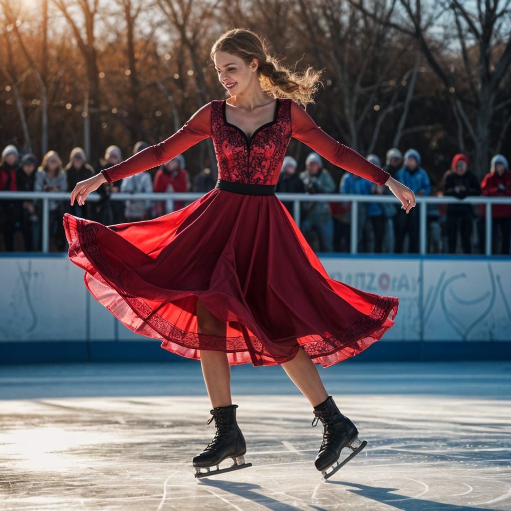 Young Woman in Red Dress Skating