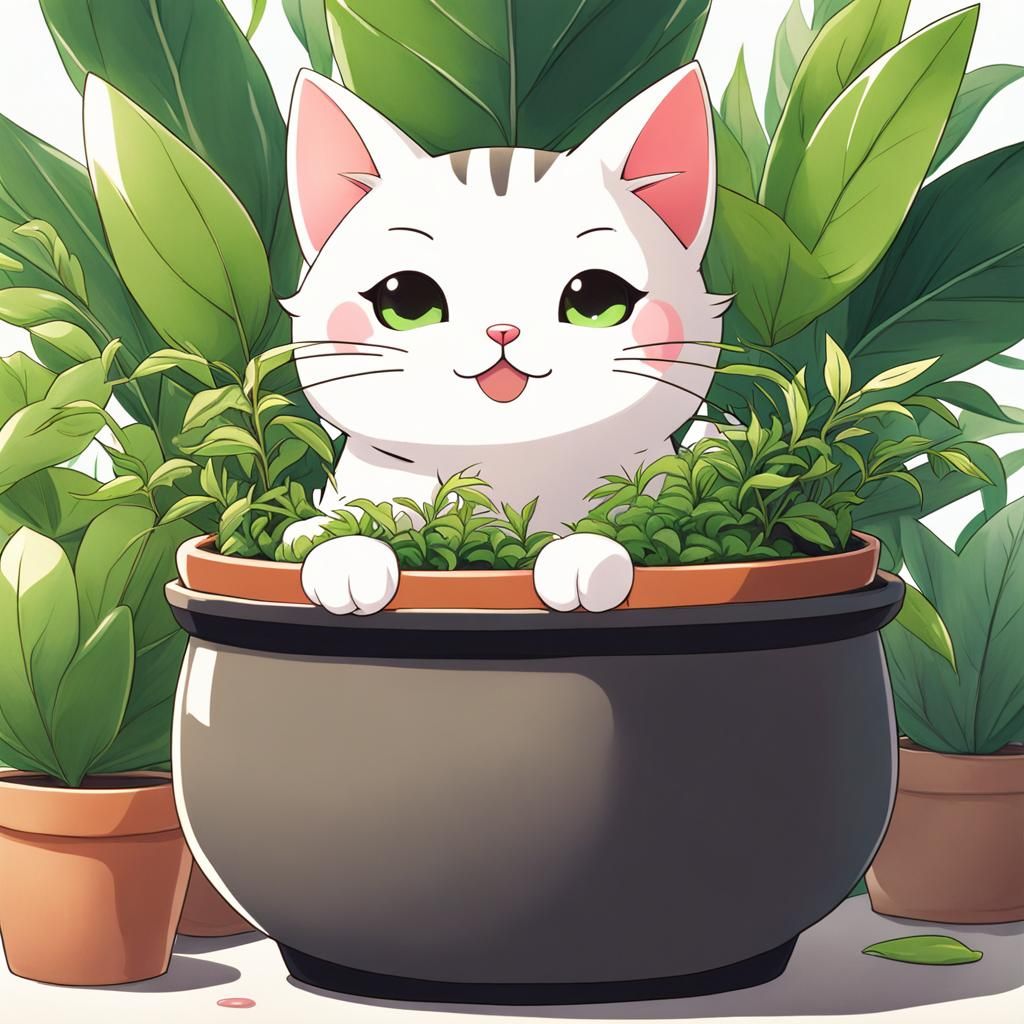 Kawaii Anime Cat in Pot with Plant