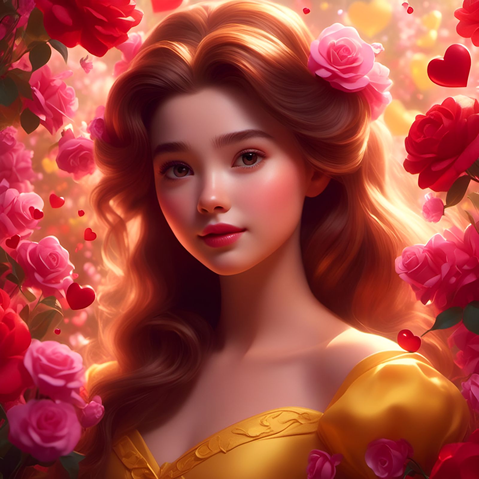 Disney's Belle Portrait with Hearts and Flowers
