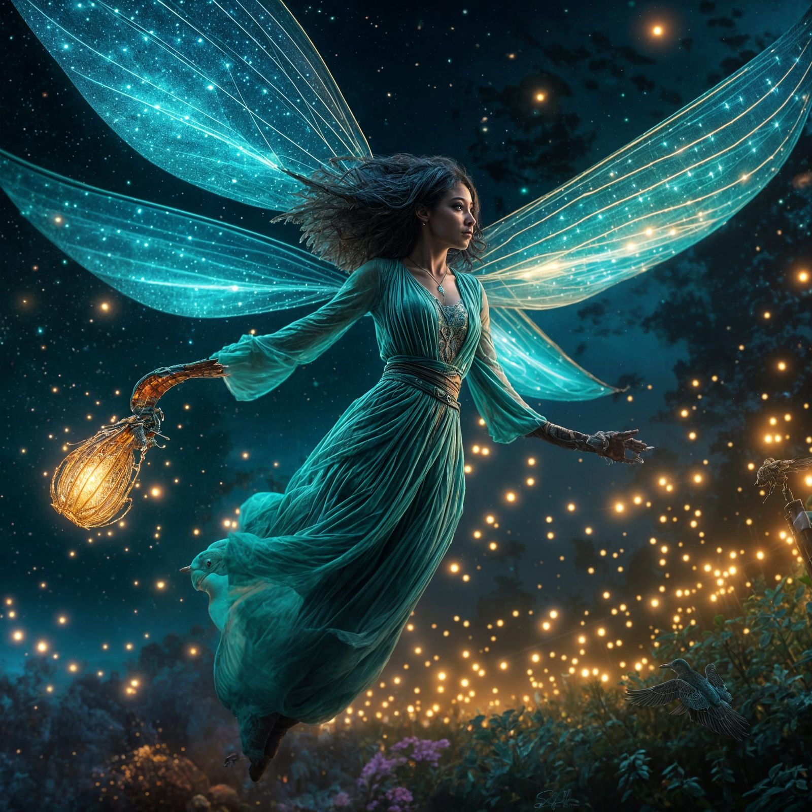 Teal Firefly Soaring in the Night Sky