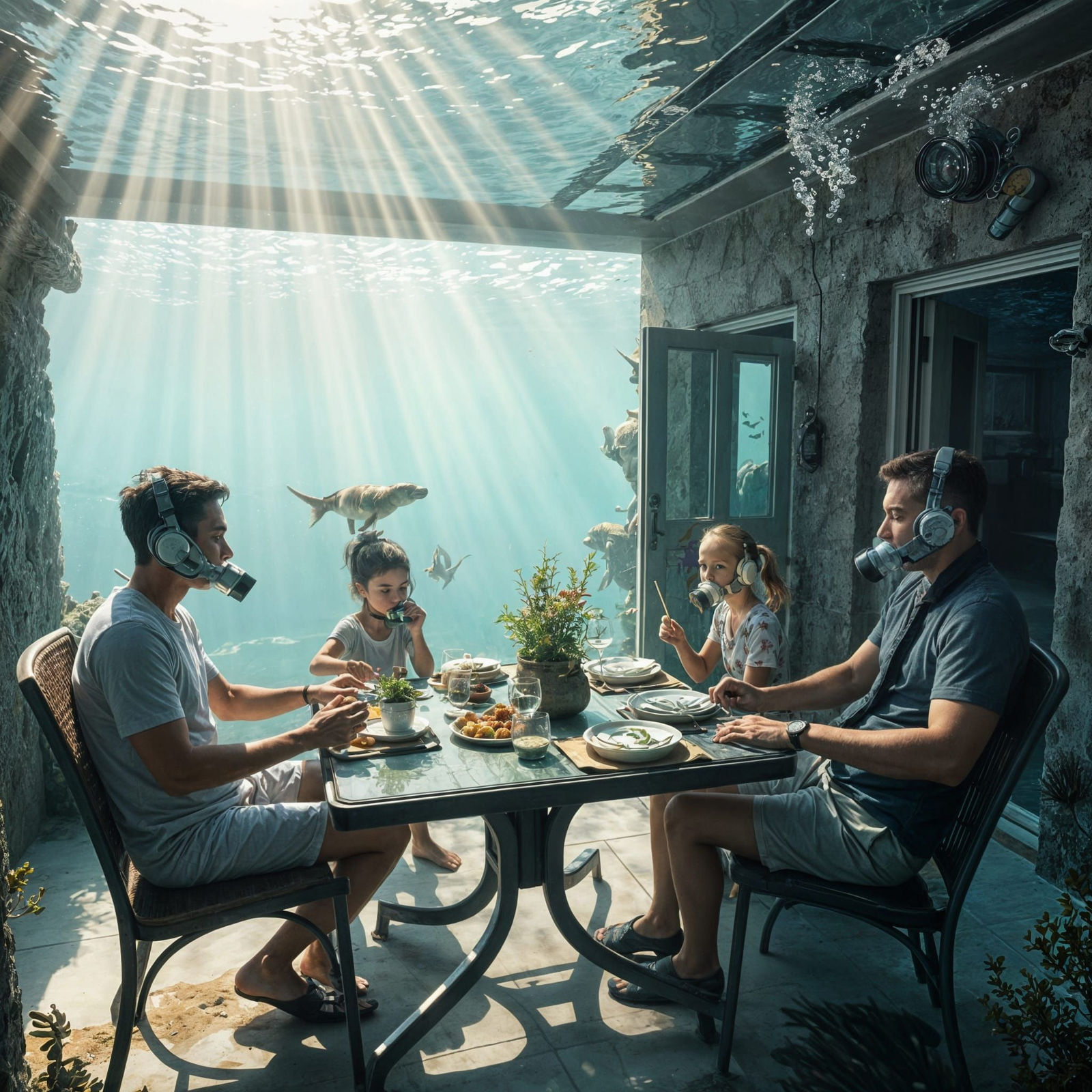 Underwater Family Dinner: A Photo-Realistic Scene