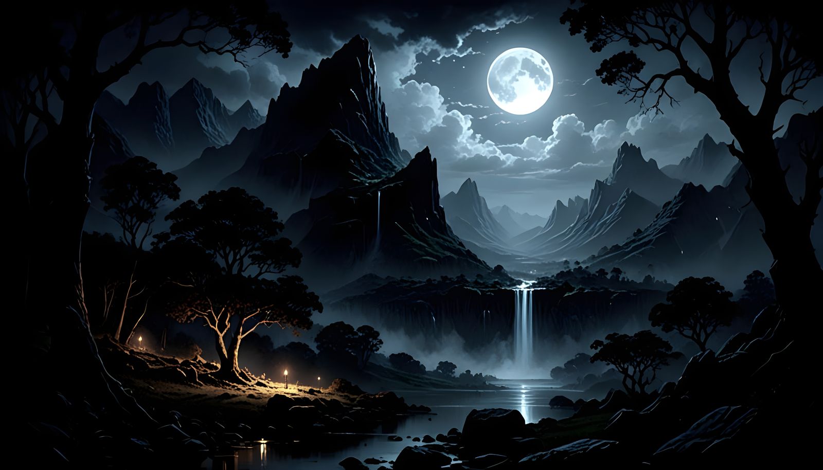 Night Mountain Valley Waterfall Under Full Moon Oil Painting