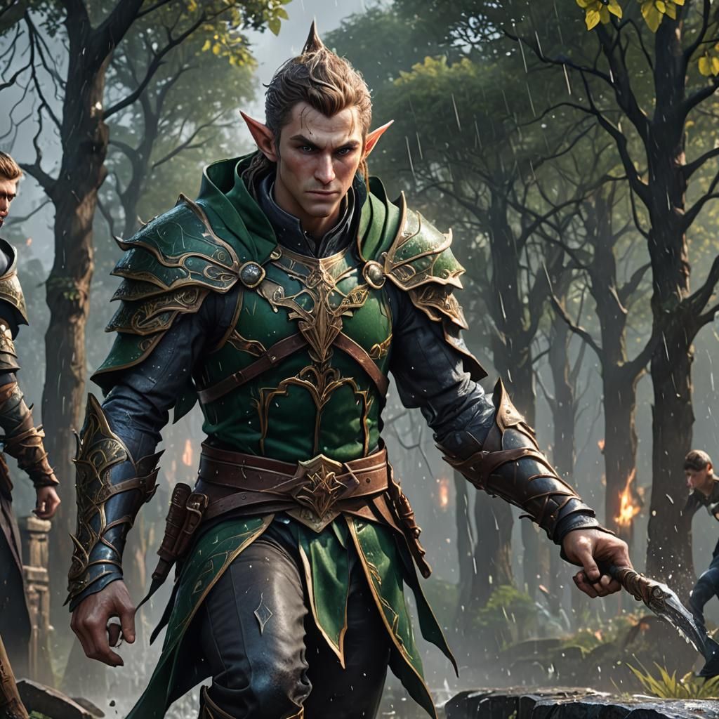 Elegant Elf Warrior in Rain, Fantasy Concept Art