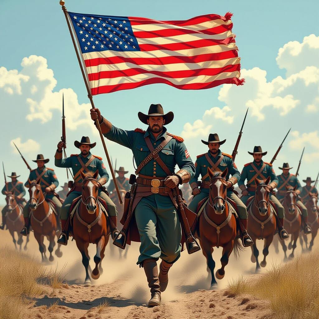US Cavalry Charge with American Flag in Hyperrealism