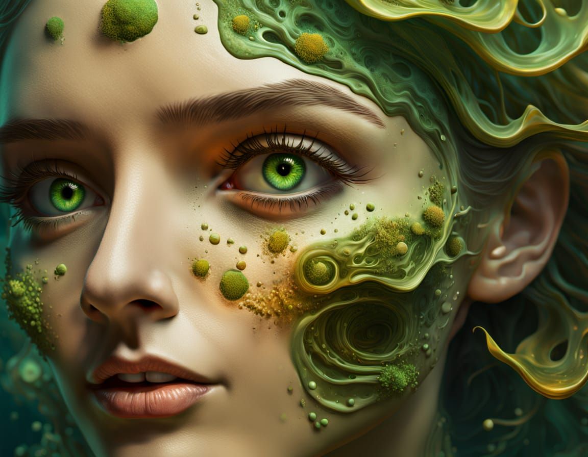 Vibrant Micro Algae Goddess in a Lush, Dreamlike Landscape
