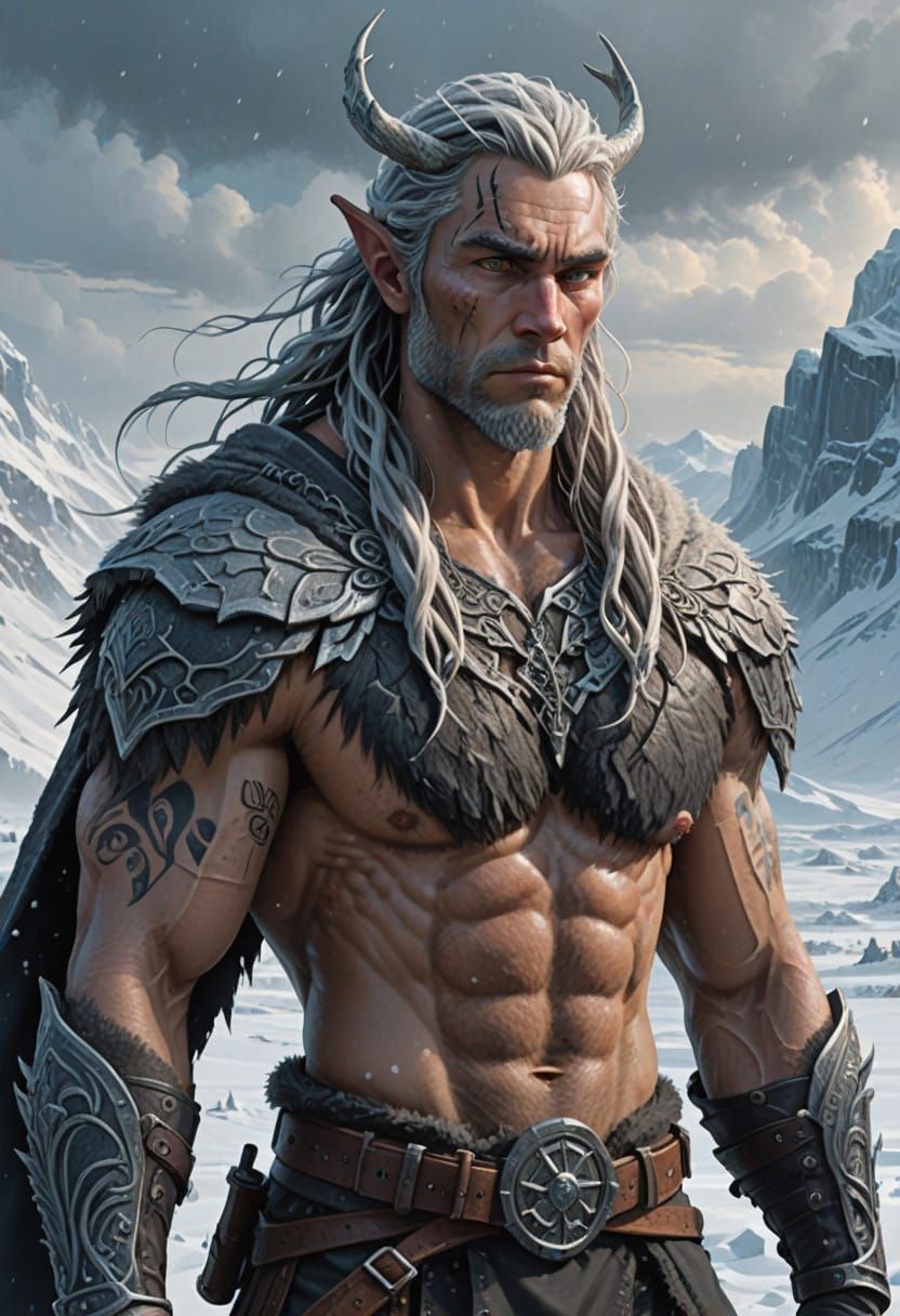 Majestic Snow Elf Strides Through Frosty Tundra