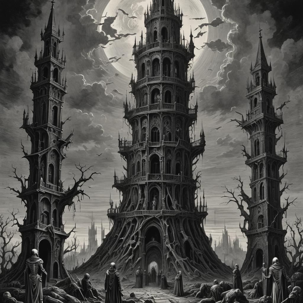 The Tower Tarot Card with Skeleton and Mirror