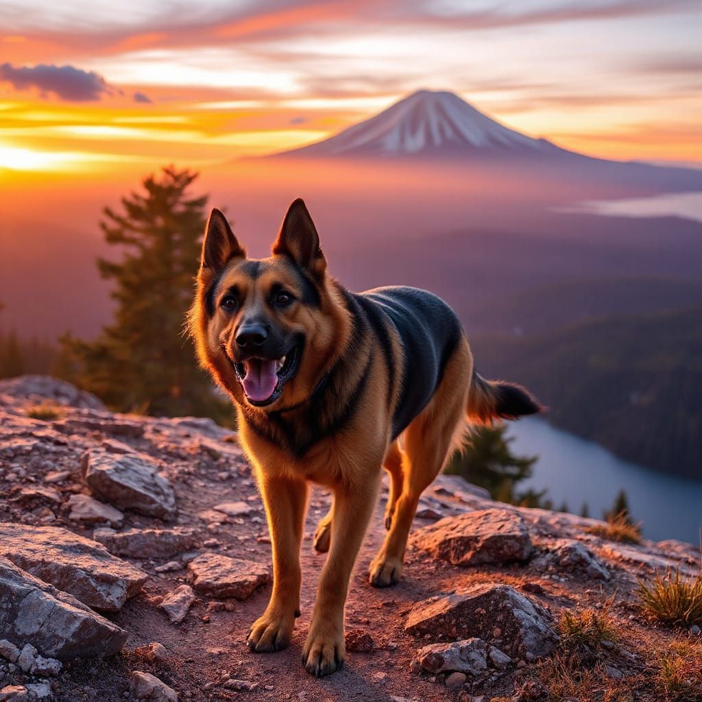 Majestic German Shepherd Mix Runs on Mountain Trail at Sunse...