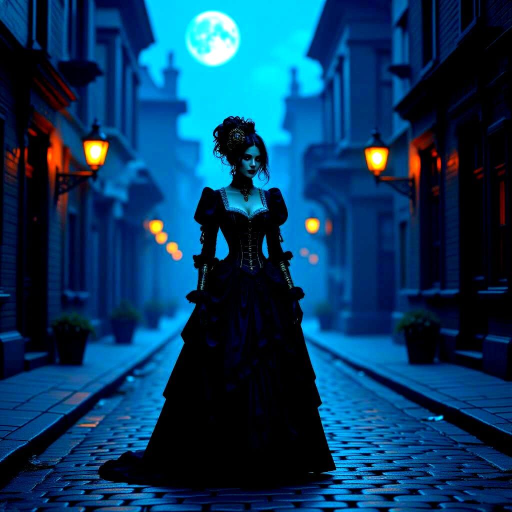 Victorian Clockwork Woman on Moonlit Cobblestone Street