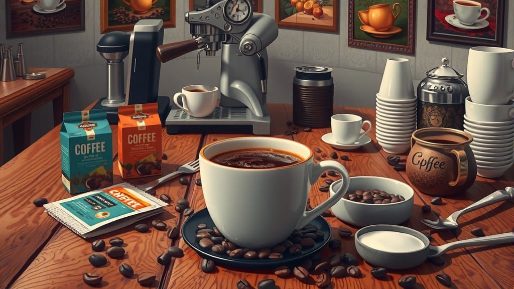 Steaming Coffee Cup Still Life in Detailed Matte Painting