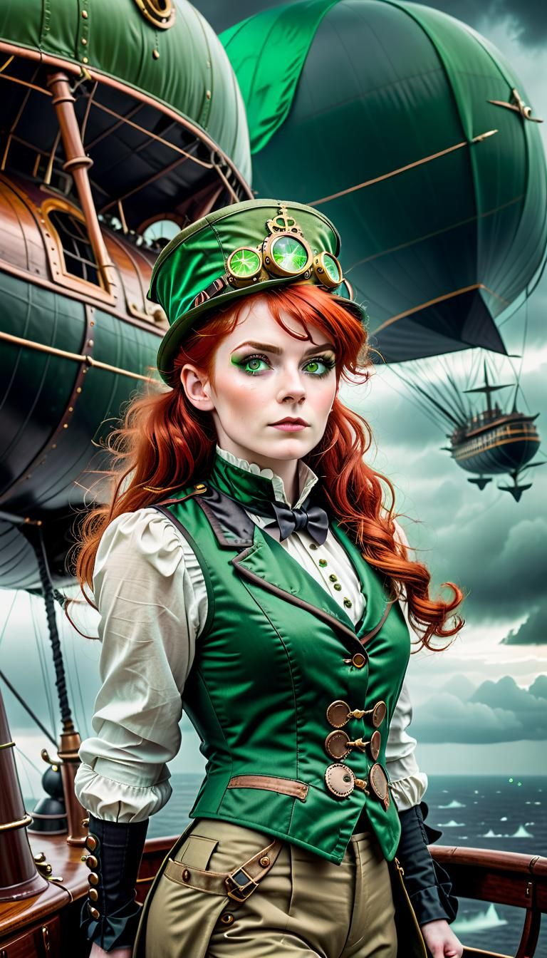 Steampunk Irish Leprechaun Woman on Airship Deck