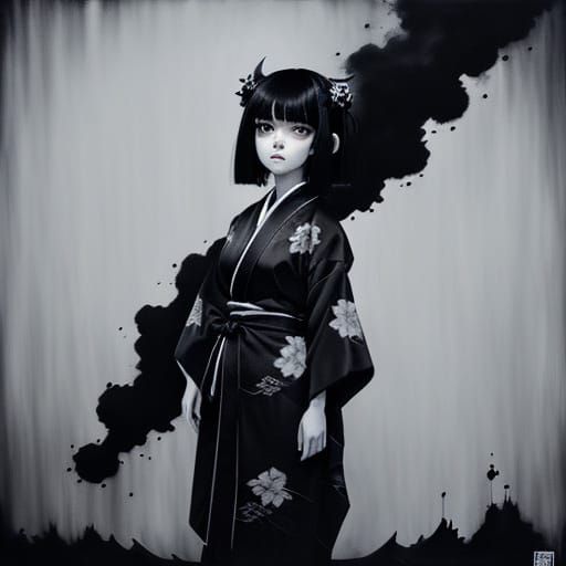 Dark Monster Watches Over a Young Girl in a Monochrome Paint...