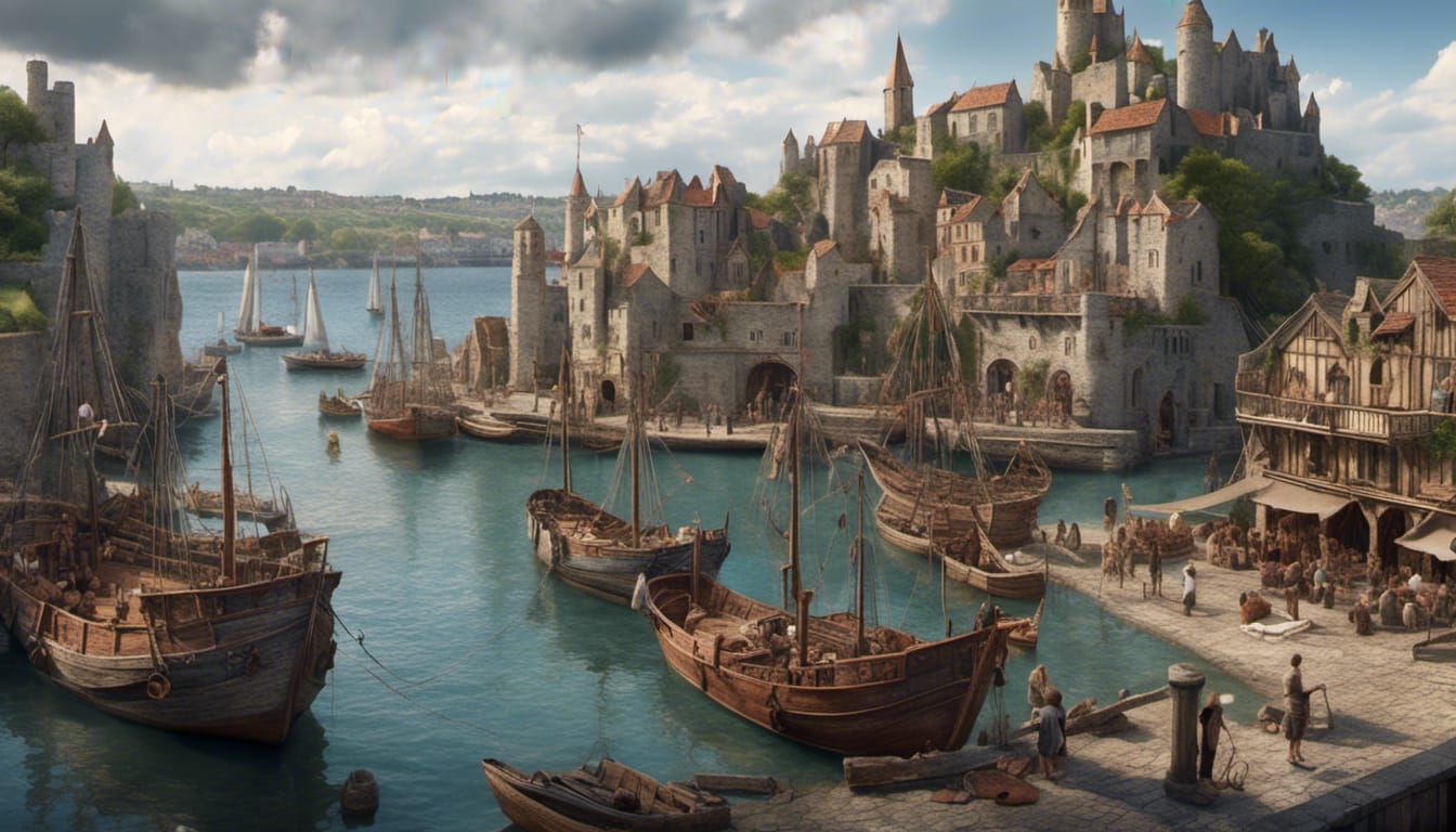 Medieval Harbor with Boats in Hyperrealistic Style