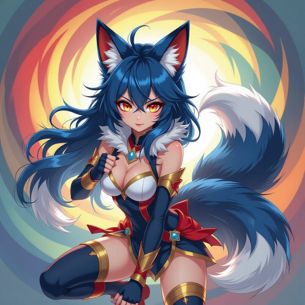 Anime Fox Girl with Blue Red Gold and White Fur