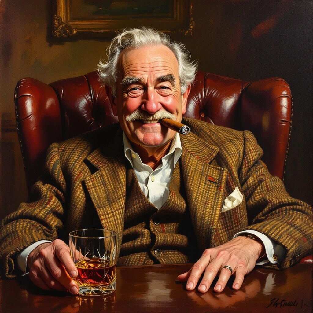 Mischievous Elder in Study, Oil Painting Style