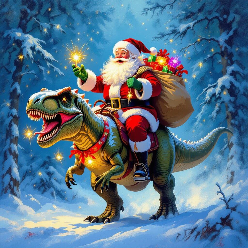 Santa Claus Rides a T-Rex Through Snowy Forest