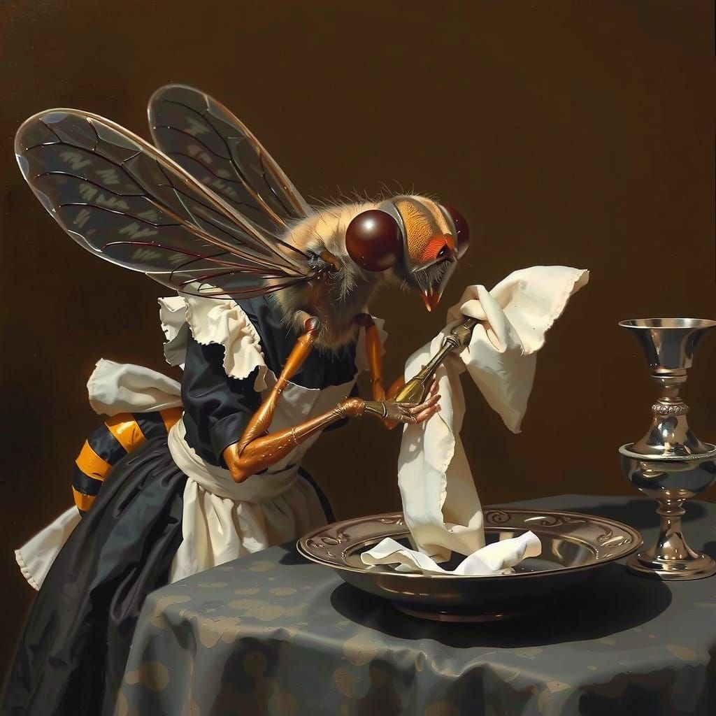 Flea Maid Polishing Silverware in Heinrich Kley Style