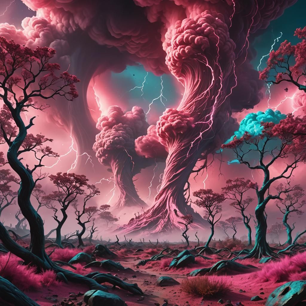 Mystical Pink Tornado Sweeping Alien Landscape
